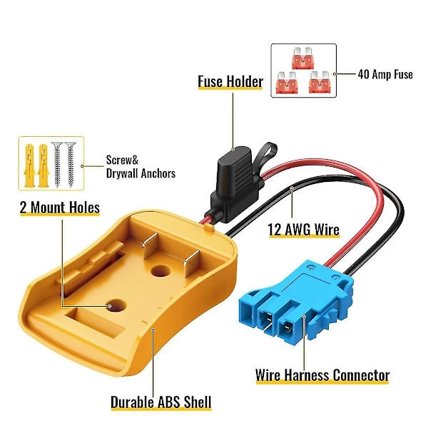 Strømadapter for Power Wheels for 20V batteri med ledningsnettkontakt for Peg-Perego, 12AWG ledning med 40