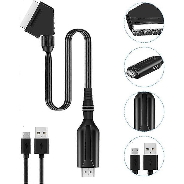 SCART till HDMI-adapter, SCART till HDMI-konverterare med HDMI-kabel för 720P/1080P Full HD-TV, ljud och video för Blu-ray DVD-spelare STB VHS Xbox PS3