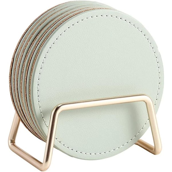 Set of 6 Green PU Leather Coasters with Metal Stand - Round Cork Base for Coffee Table