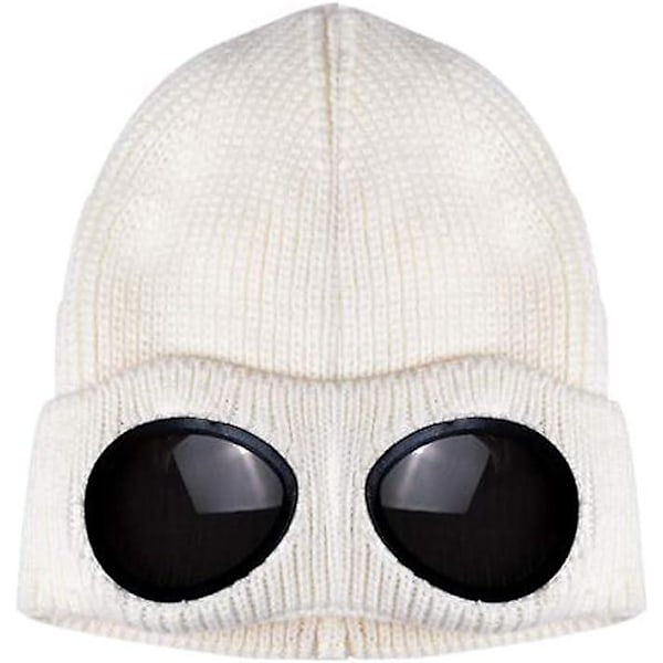 Unisex Fleece Ski Caps Beanie Vinterlue med Goggles Strikket Varme Ullhatter Snø Ski Hodeskalle Utendørs Capwhite