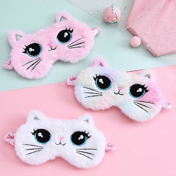 3-pack söta kattögonmasker, plyschdjursovningsmask, 3D ögonbindel, justerbar nattmask för barn flickor kvinnor