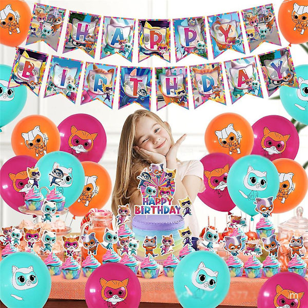 Super Kitty -sarjakuva-aiheinen syntymäpäiväjuhlan koriste- ja tarvikesarja lapsille, sisältää Happy Birthday -kyltin, kakku-/kuppikakkukoristeet, ilmapallot