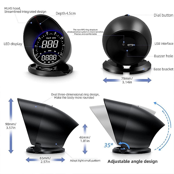 Bil-HUD med GPS-hastighed, digitalt GPS-hastighedsmåler, køreretningskompas, overhastighedsalarm, HD-skærm