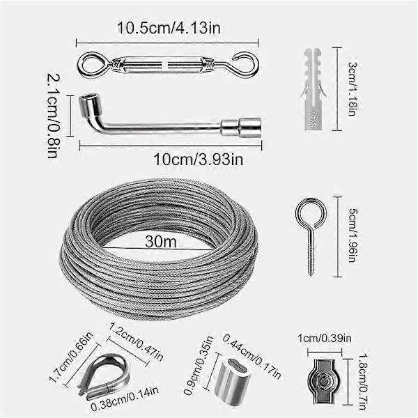 30M 3mm Ståltråd Kit, 304 Rostfritt Stål Spänntråd, Ståltråd Täckt med Öljettspänning