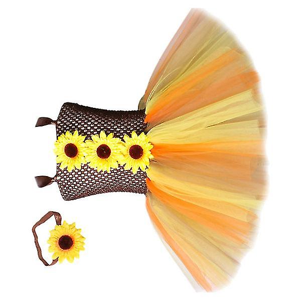 1 stk. Kreativ solsikkegaze børnekjole Halloween fest skræmmefugl kostume med pandebånd til 6-7 år (assorteret farve)