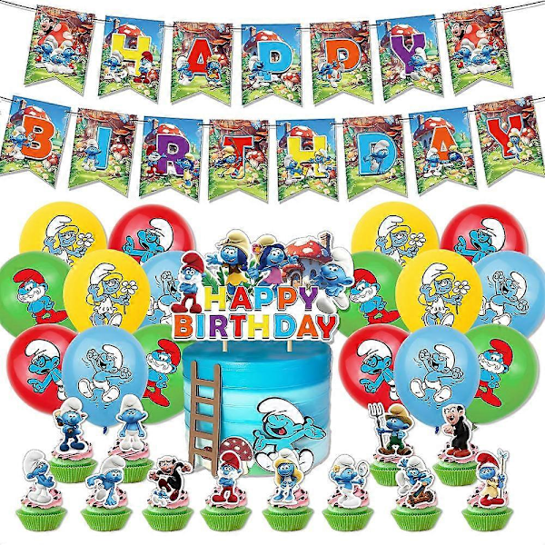 Smurfarna Tema Födelsedagsfest Tillbehör Ballonger Kit Banner Tårta Cupcake Toppers Dekorationsset 12