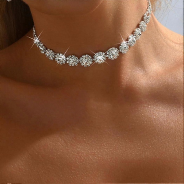 Brude Sølv Bryllups Smykkesæt Rhinestone Brudesmykke Halskæde Øreringe Sæt Krystal Chokers til Kvinder NK336