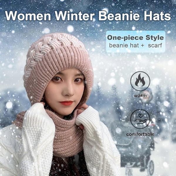 Dames Vinterhue Halsklæde Alt-i-én Beanie med Poms, Fleeceforet Dames Termisk Strikket Skull Hat Beanie, Lys Rosa