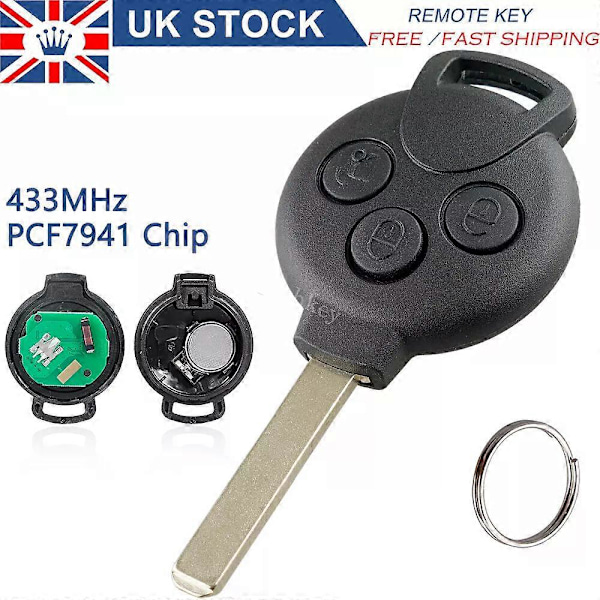 för 2007 - 2015 Smart Fortwo 451 Bil 3 Knapp Fjärrnyckel 434MHz PCF7941 Chip