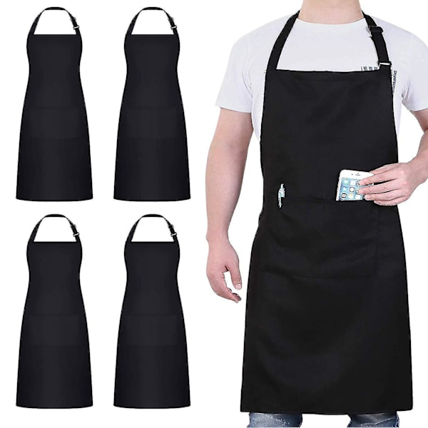 4-pack kockförkläde, svart förkläde med 2 fickor, vattentätt justerbart förkläde för män och kvinnor, perfekt för matlagning i köket