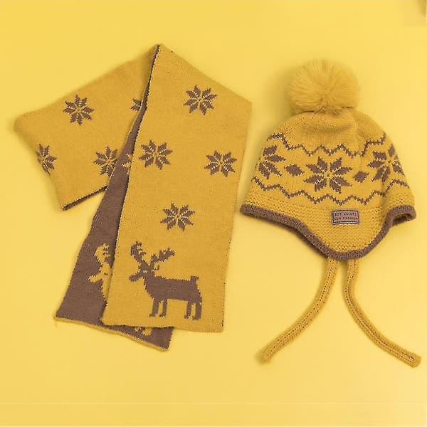 Kawaii Stickad Barnmössa + Julhjort Halsduk Ullhatt Vinter