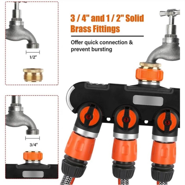 4-tie jakaja: 3/4 ja 1/2 Y-muotoinen vesijakaja hana-adapterilla, veden virtauksen säätö ja lukittava 4-tie jakaja