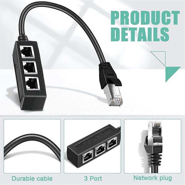 RJ45 Ethernet Splitter Adapter, Ethernet Splitter 1 til 3, for Hjem, Kontor, Skole Nettverksutvidelse