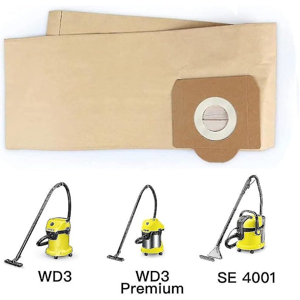 Kärcher WD3 Dammsugarpåse, Set med 5 Raka Dammsugarpåsar för Kärcher WD3, WD 3 Premium, WD3200, WD3500p, A2204, A2204, A2534, Se4001