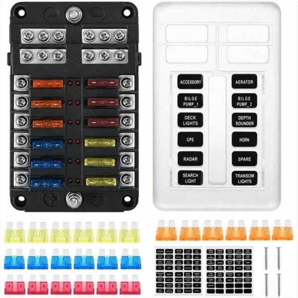 12-Way Blade Fuse Holder, Fuse Box with 24 Fuses 12 LED Light Protectors,​​