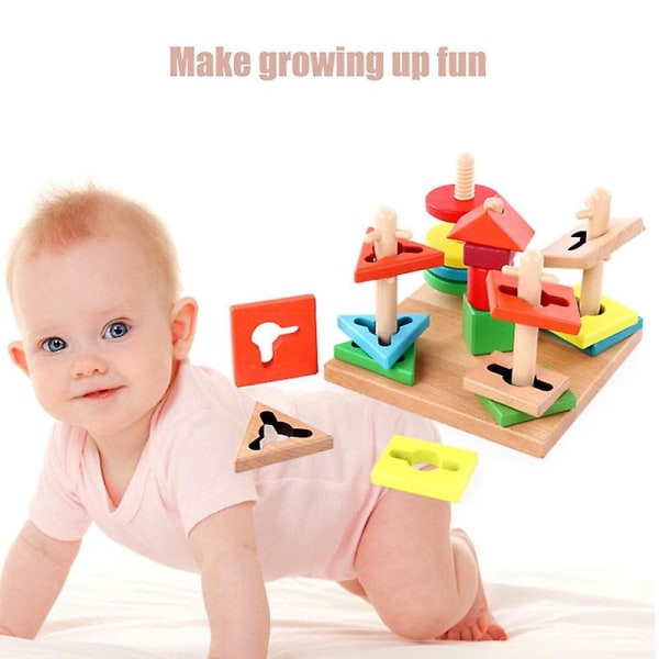 1 set trästapel leksak livlig färg hand-öga koordination fem kolumn geometrisk form igenkänning sortering block för småbarn
