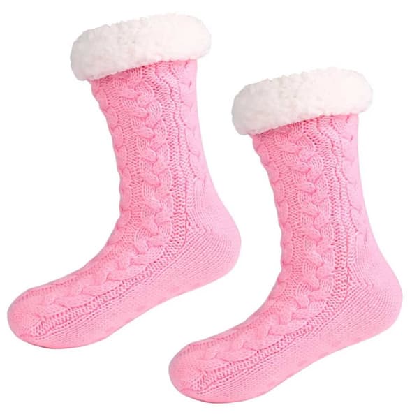 Furry varma stickade socktofflor med halkfri rosa