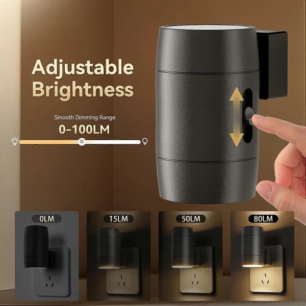 Roterbart LED Nattlys, Plug-in, Passer Horisontale/Vertikale Stikkontakter, Skumring-til-Daggry Sensor