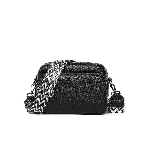 Crossbody väska, liten axelväska i läder, dam med bred dragkedja och avtagbar axelrem Svart