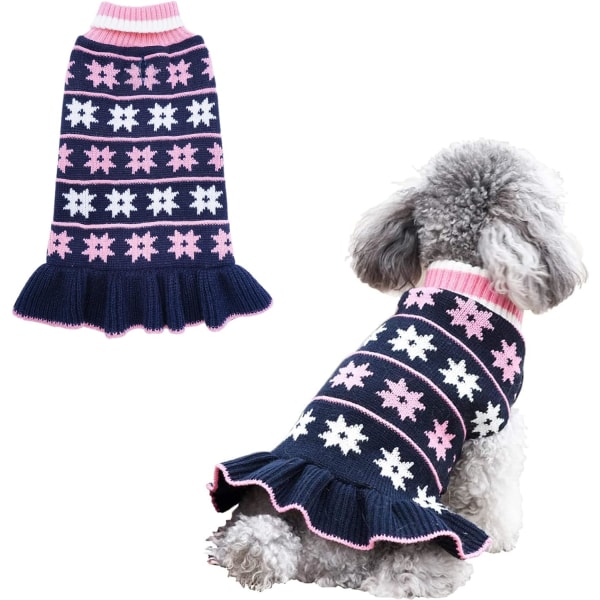 Dog Sweater Dress Turtleneck Dogs Pullover Knit with Leash Hole Fall Winter Warm Dog Sweater Cute(Navy Blue)