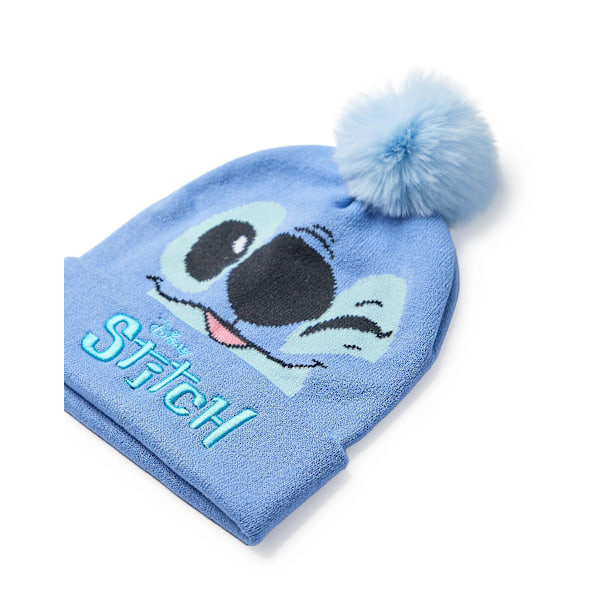 Disney Pige Beanie og Handsker Sæt Blå Stitch Karakter Ansigt - En Størrelse