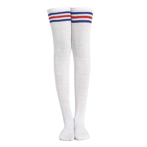 Stripete knestrømper hvit med blå og røde striper