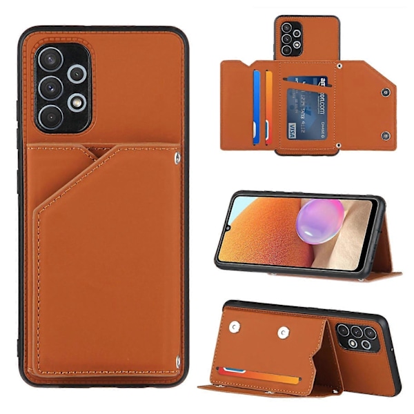 För Samsung Galaxy A32 4G (EU Version) Hudkänsla PU + TPU + PC Baksida Stöttåligt Skal med Kortfack & Ställ & Fotoram (Brun)