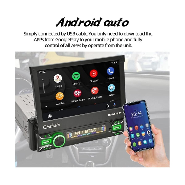 1Din Car Stereo Trådløs CarPlay Android Auto 7In Elektrisk Flip Out Touch Screen Bilradio Bluetooth Spejl Link Kamera