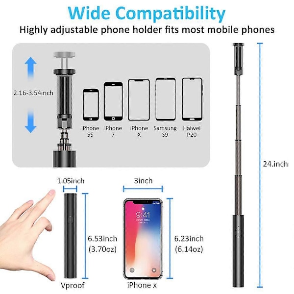Selfie Stick Bluetooth, Letvægts Aluminium Selfie Stick, Alt i Én Udtrækkelig Selfie Stick, Kompakt Design, til de Fleste Telefonmodeller