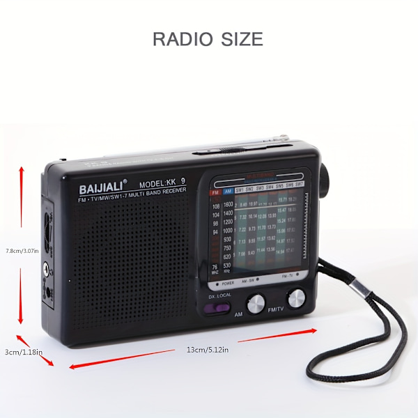 Kompakti KK-9 AM/FM/SW1-7 -radio - Tehokas kaiutin ja kuulokeliitäntä - Ihanteellinen ulko-, sisä- ja hätätilanteisiin - Paristokäyttöinen