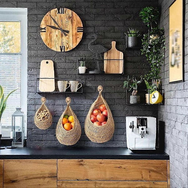 3 st Boho Hängande Korgar, Väggmonterad Fruktkorg för Förvaring, Grönsaker för Potatis, Vitlök