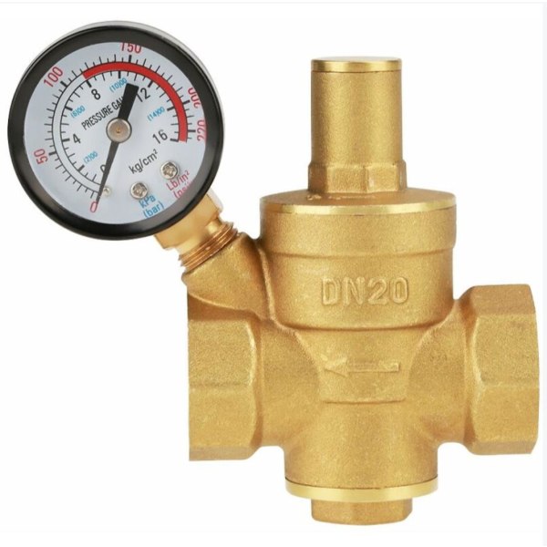 DN20 Messing Justerbar Vandtryksreducerende Ventil med Manometer Trykmåler, Messing Justerbar Vandtryksreducerende Ventil (DN20)