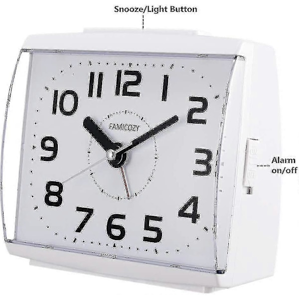 Analog vekkerklokke for eldre, stille uten tikkelyd med snooze og bakgrunnsbelysning, crescendo høy alarm, store tall for enkel lesing, batteridrevet, hvit
