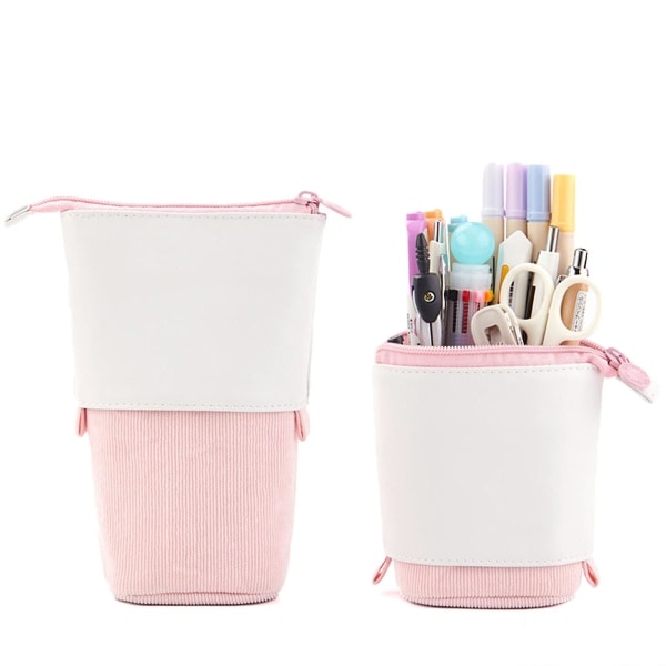 Retractable Pen Bag Corduroy PU Multifunctional Creative Pen Bag Pen Holder Cute Pink