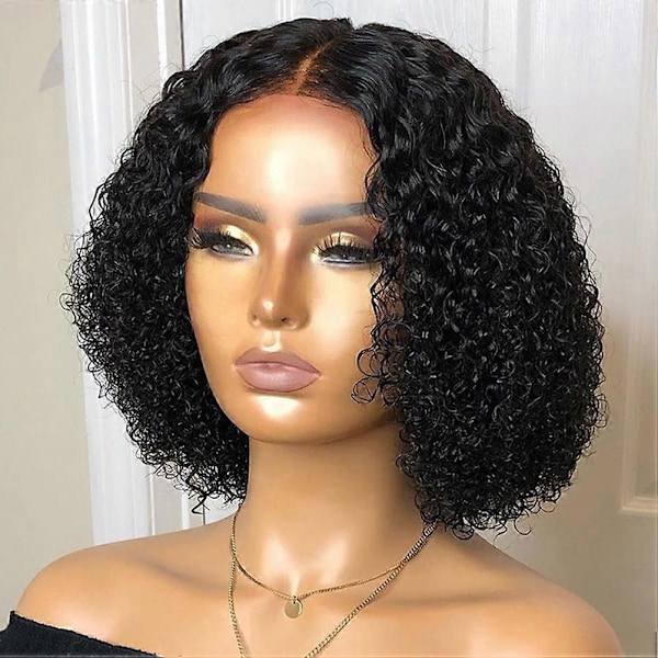 Lace Front Människohår Peruk Mittbena Lockig Spetsförslutning Peruk Korta Peruker