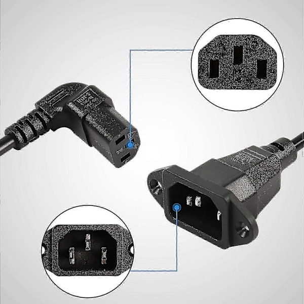 Panelmonterad C14 till 90 graders C13 PDU Strömförsörjningsförlängningskabel, IEC 320 C14 Hane till Vinklad C13 Hona 3-Pin Strömkabel för Skärmar, Datorer, etc