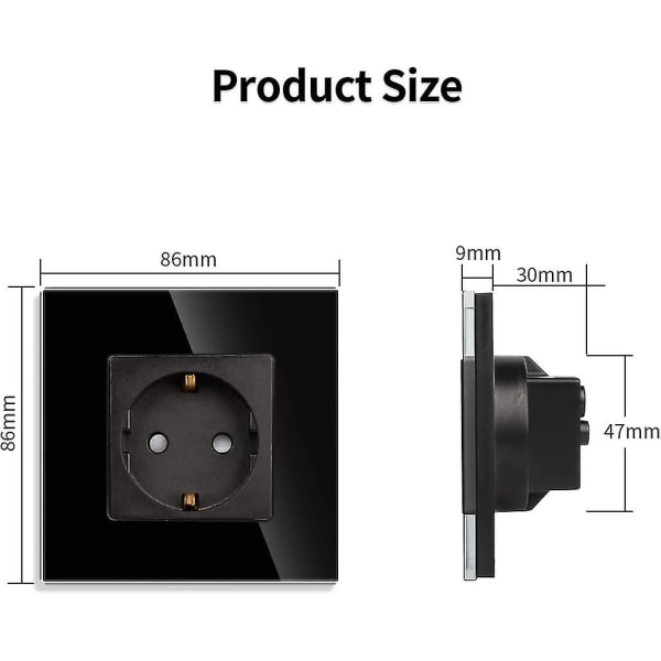 Enkelt uttag i svart, 16amp glas Schuko-uttag Infällt monterat skyddskontakt vägguttag-86mm, 250v, 1 fack