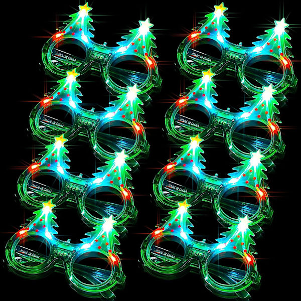 8-pakke Glitter Juletre Lysende Blinkende LED Solbriller Jul Solbriller Gløder I Mørket LED Briller Plast Lysende Briller Jul Tre Kostyme for Julefestgaver