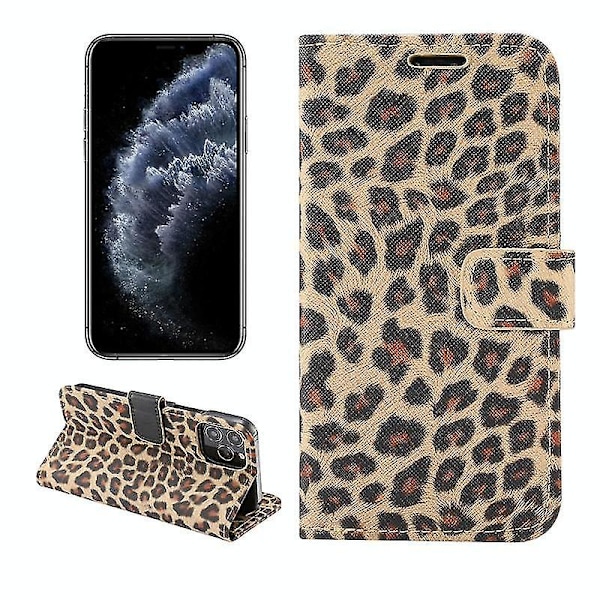 Etui for iPhone 12 Pro med leopardmønster, horisontal klaff i skinn med kortspor og holder (brun)