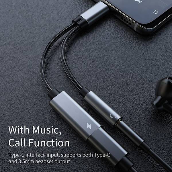 USB-C-adapter til 3,5 mm hovedtelefoner og USB-C-oplader Sort