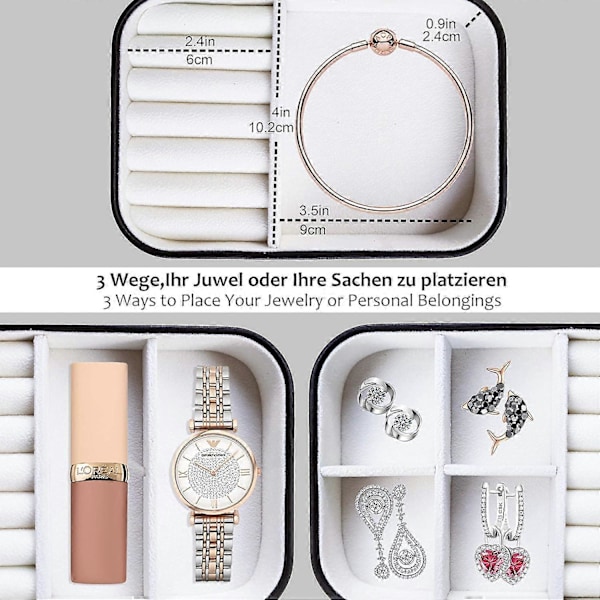 Bærbar Smykkeæske med Spejl, Smykkeæske til Halskæder, Armbånd, Ringe, Øreringe, Sort Sort