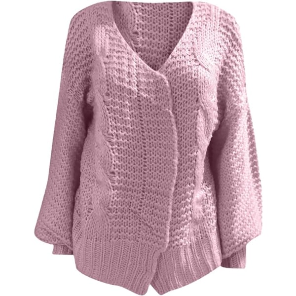 Cardigan tröja långärmad lös höst och vinter stickad jacka dam tröja - rosa M