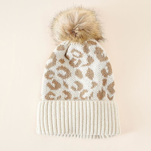 Ribbet Kant Ørebeskyttende Strikket Hat Efterår Vinter Plys Bold Leopard Print Strikket Beanie Cap til Cykling