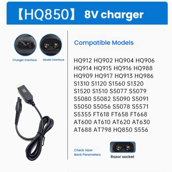 USB-opladerkabel til Philips HQ850 barbermaskine