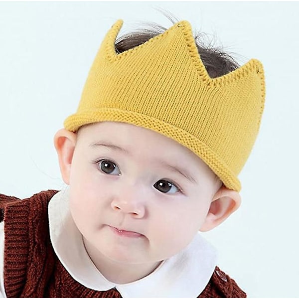 Baby Birthday Crown Hodebånd Hatt Krone Strikket Hatt Hodeplagg Fest Hatter Baby Dåp Dekorasjon - Gul