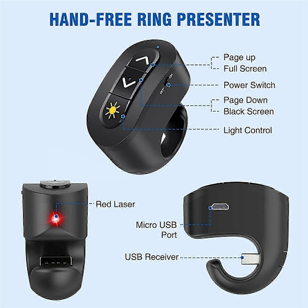 2.4GHz Uppladdningsbar Trådlös Presentatör Fingerring med Rött Ljus USB Presentation Fjärrkontroll för Win 10 8 7 XP Power Point