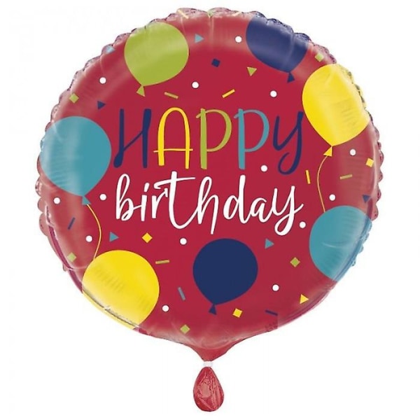 Materiale: Folie. Bredde: 18 tommer. Design: Balloner, konfetti. Anledning: Fødselsdag. Form: Rund. Bemærk venligst: Leveres tømt for luft.