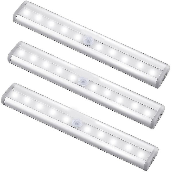 Bevegelsessensor Lyslist, (10 Led, 3-pakning) Garderobe Trådløs Lampe