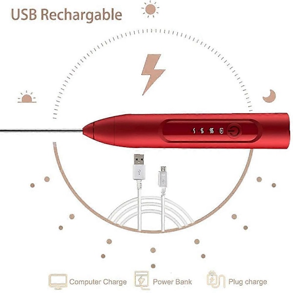 Elektrisk Melkeskummer, Kaffeskummer Håndholdt Oppladbar Melkeskummer 3 Hastigheter Drikkemixer for Cappuccino Latte Rød