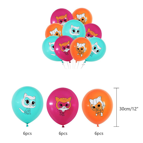 Super Kitty -sarjakuva-aiheinen syntymäpäiväjuhlan koriste- ja tarvikesarja lapsille, sisältää Happy Birthday -kyltin, kakku-/kuppikakkukoristeet, ilmapallot